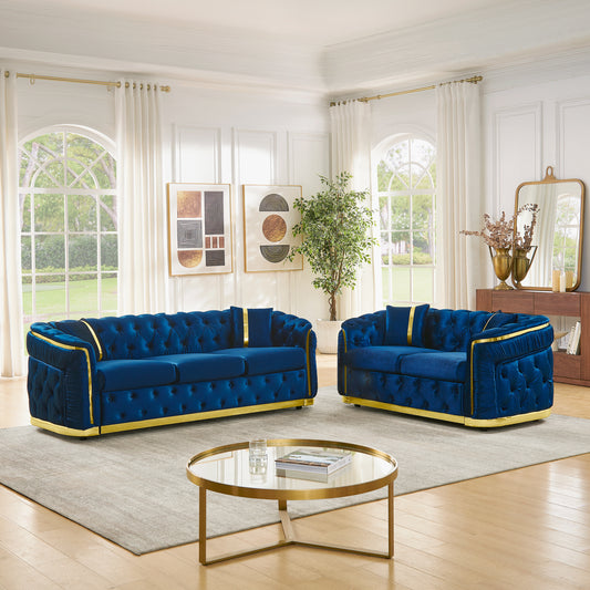 Italian Light Luxury Split Sofa Set, Gold Stainless Steel Decoration, 3+2 Seater Velvet Living Room Sofa with 4 Pillows,Navy Blue