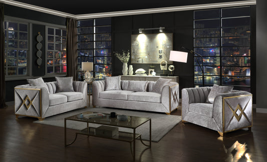Velencia upholstery, bold gold 'X' inlay accents, and elegant tufting 3Pc Modern Living Room Set in Silver (NJ INVENTORY)