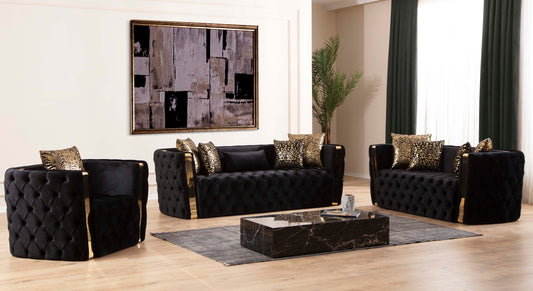 Naomi Button Tufted 3 Pc Sofa Set with Velvet Fabric and Gold Accent in Black (NJ INVENTORY)