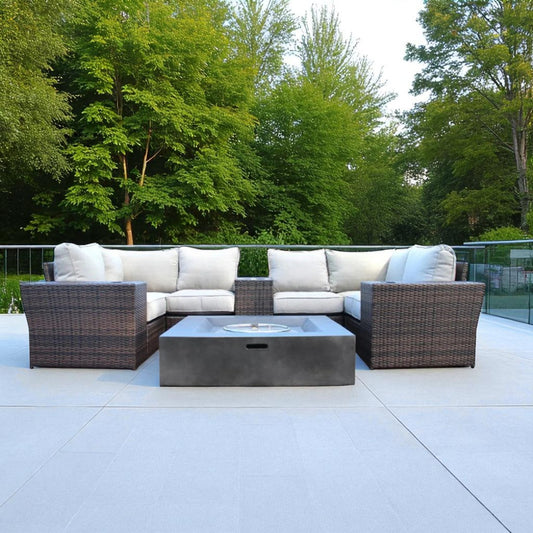 HDPE Wicker Patio Seating Set with Cushions and Fire Pit, Brown, Aluminum Frame, Fully Assembled