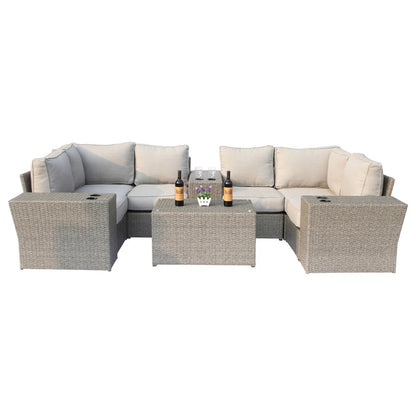 Contemporary Outdoor Wicker Seating Group for 4 with Cushions, Grey Mix, HDPE & Aluminum