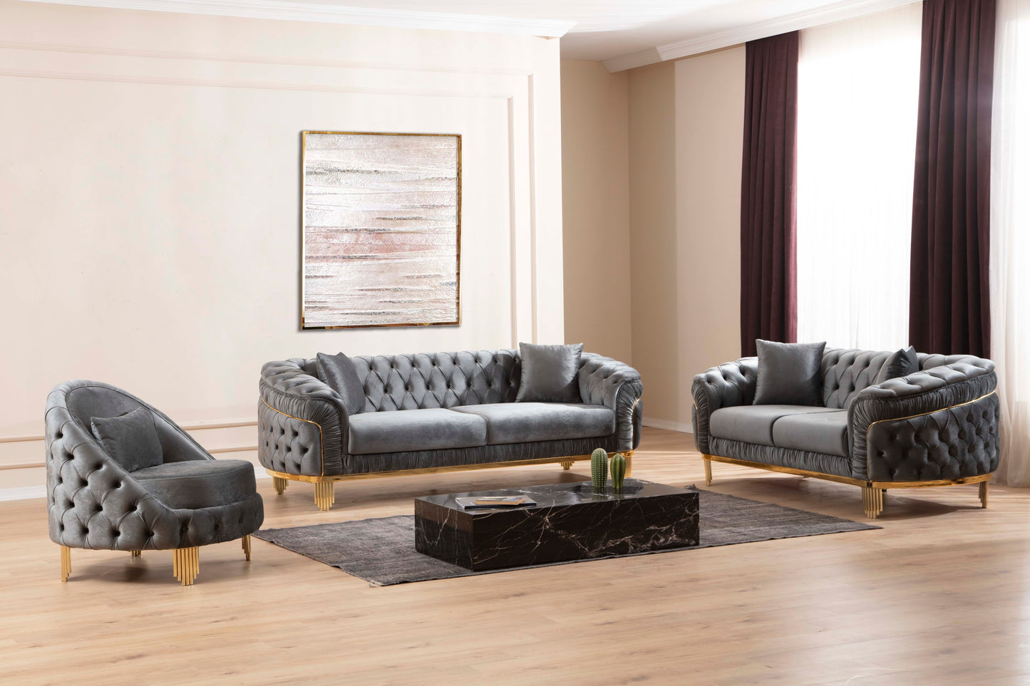 VANESSA 3 PC Livingroom Set in Grey and Gold with Fabric button-tufted velvet upholstery Finish (NJ INVENTORY)