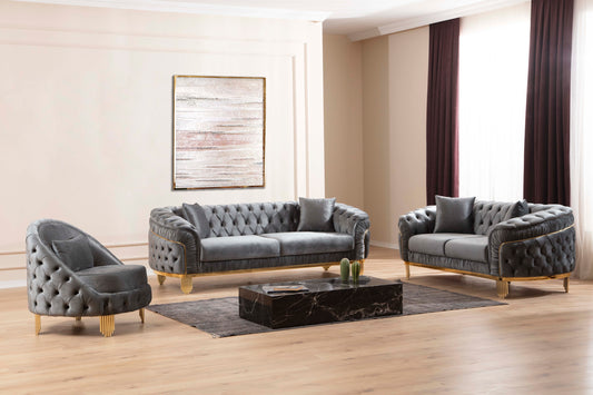 VANESSA 3 PC Livingroom Set in Grey and Gold with Fabric button-tufted velvet upholstery Finish (NJ INVENTORY)