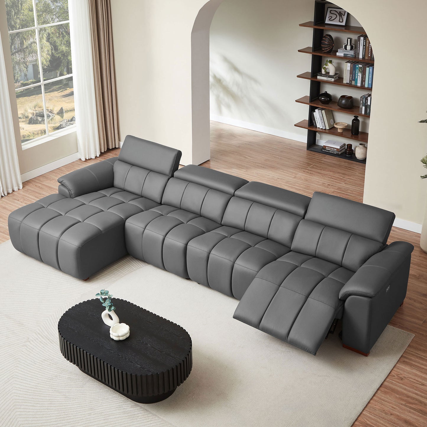 4 Seats Wall-Hugger Reclining Sofa Modern Electric Control Genuine Leather L Shaped Couch,Lounge Seat Theater Seating Furniture with USB Port, Sofa with Headrest & Footrest for Living Room,Apartment