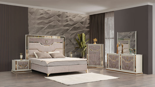 Omari Modern Style 5 Pc Queen Upholstered Bedroom Set Made with Wood and Gold Accents in Beige (NJ Inventory)