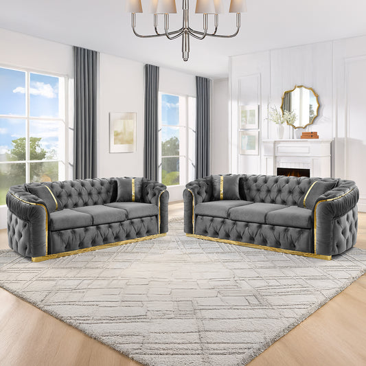 2PCS 90.6 Inches Velvet Button Tufted Sofa Couch with 2 Pillows, 3 Seater Luxury Chesterfield Sofa Set with Gold Stainless Steel Accents for Living Room, 280g Italian Velvet Gray