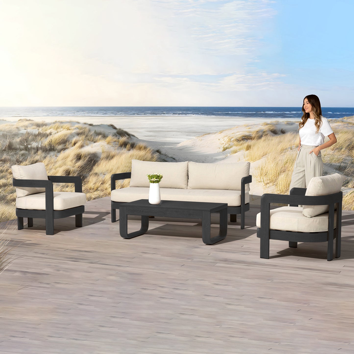 Assembly Free Sofa, Quick Assembly Coffee Table,Outdoor Aluminum Sofa Set, 5 Person Outdoor Seating Sofa, Wood Grain Veneer Sofa Set for Patio