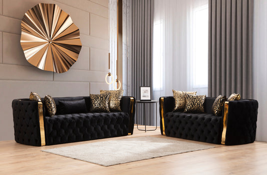 Naomi Button Tufted 2 Pc Sofa Set with Velvet Fabric and Gold Accent in Black (CA INVENTORY)