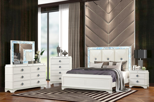 Laguna Modern Style 5 Pc Queen Upholstered Bedroom Set Made with Wood and Crystal Accents in White(NJ INVENTORY)