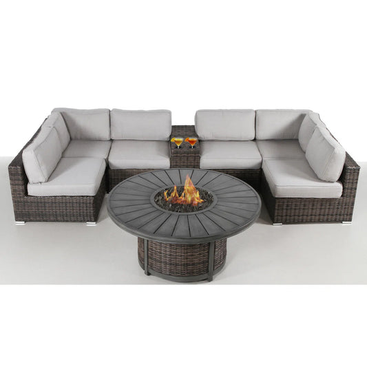 All-Weather 4-Person Patio Sofa Set with Fire Pit and Side Table - Rustproof Aluminum Frame - Espresso HDPE Wicker