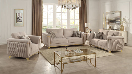 Leena Contemporary Style Upholstery 3PC Livingroom Set Made with Wood in Gold accent & Beige
