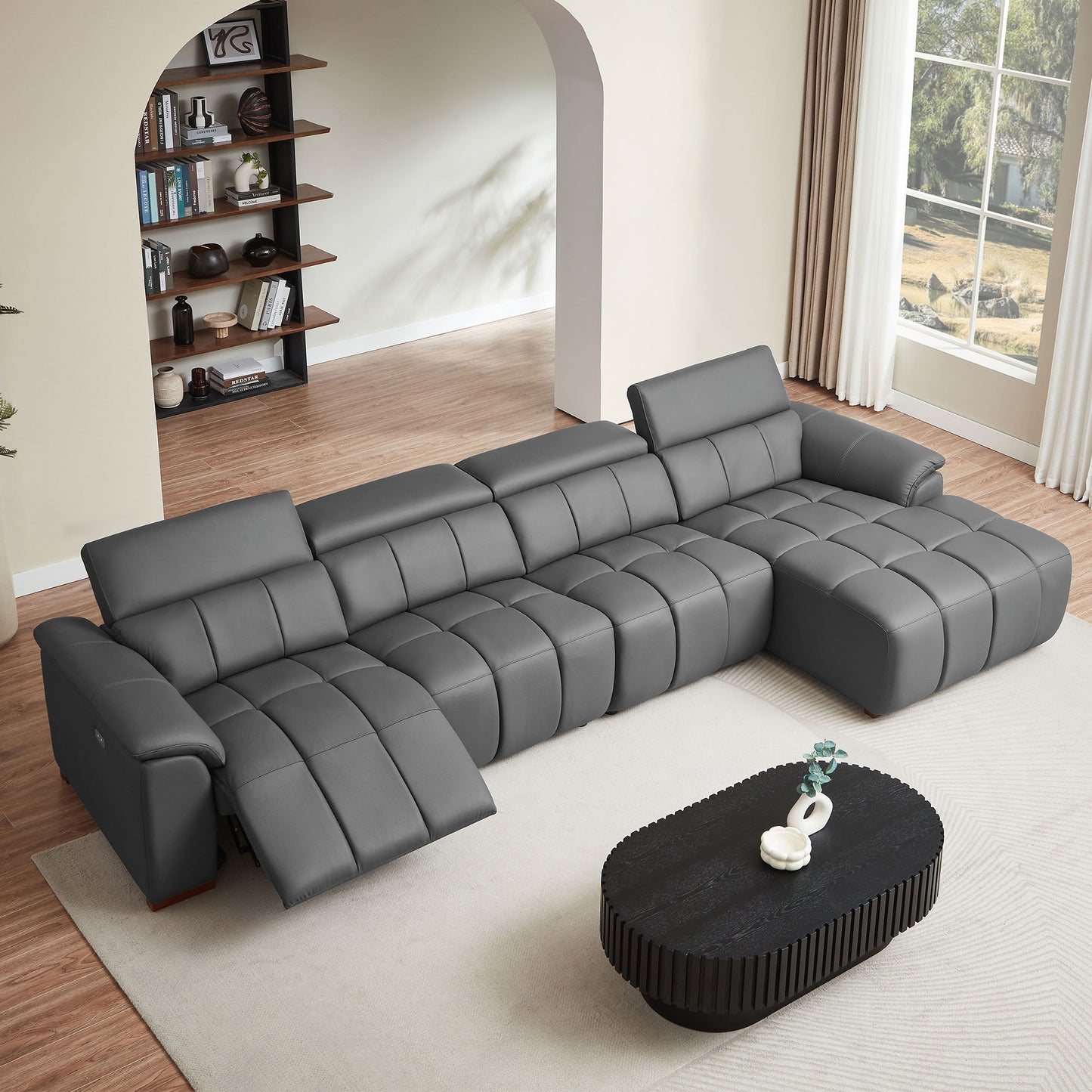 4 Seats Wall-Hugger Reclining Sofa Modern Electric Control Genuine Leather L Shaped Couch,Lounge Seat Theater Seating Furniture with USB Port, Sofa with Headrest & Footrest for Living Room,Apartment