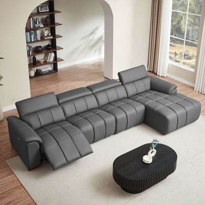 4 Seats Wall-Hugger Reclining Sofa Modern Electric Control Genuine Leather L Shaped Couch,Lounge Seat Theater Seating Furniture with USB Port, Sofa with Headrest & Footrest for Living Room,Apartment