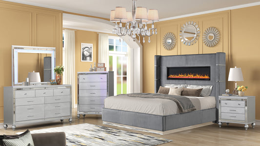 LIZZELLE Upholstery Wooden King 5 PC Bedroom set with Ambient lighting in Gray Velvet Finish(NJ INVENTORY)