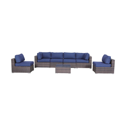 Modern 7-Piece Rattan Sectional Set with Cushions, Brown Wicker and Navy Fabric