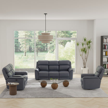 Oslo Dual Power Reclining Sofa and Love Seat with a Manual Swivel Glider Recliner in Sapphire
