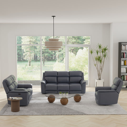 Oslo Dual Power Reclining Sofa and Love Seat with a Manual Swivel Glider Recliner in Sapphire
