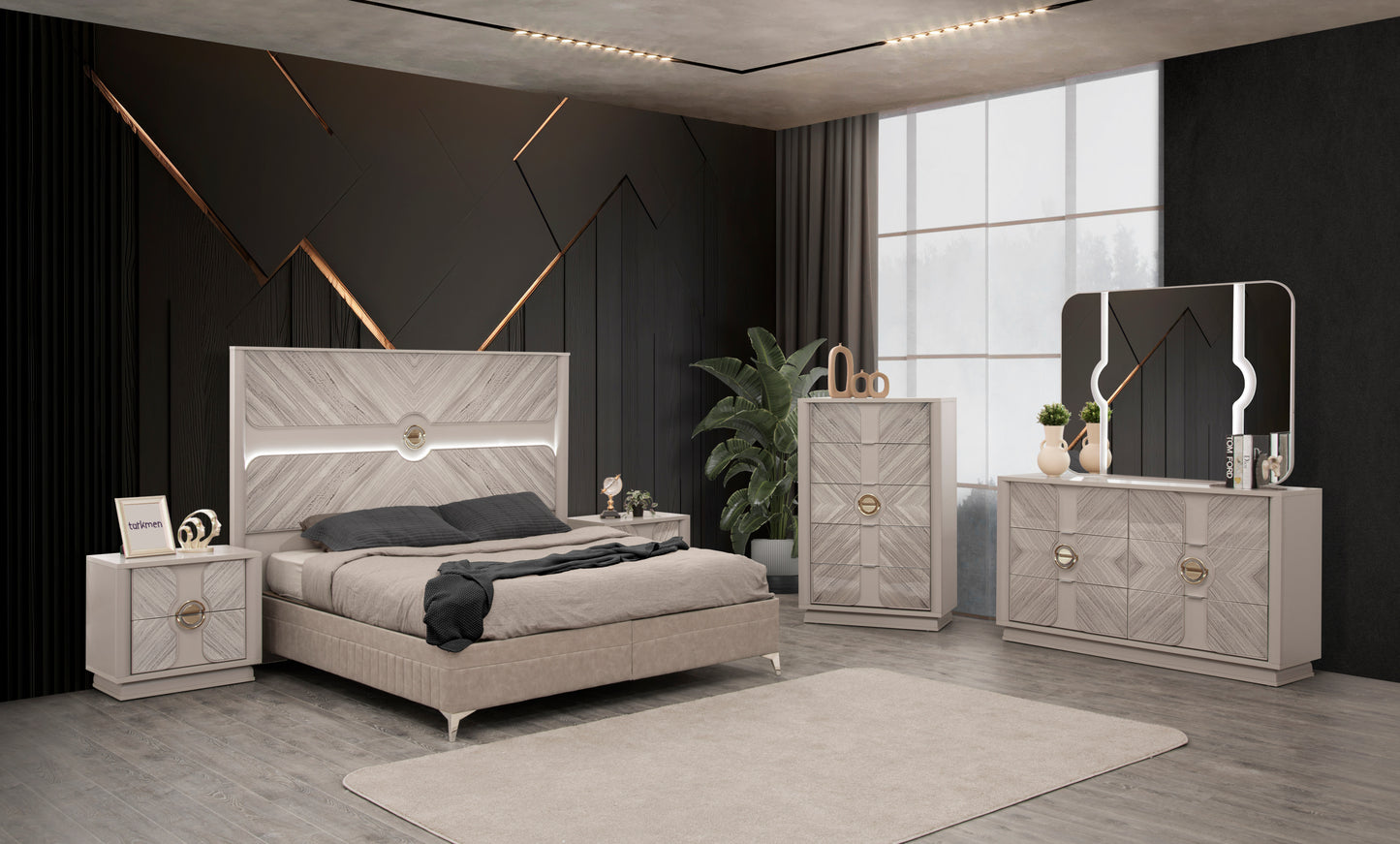 Eternity Traditional Style 5 Pc Queen Bedroom Set Made with Wood and Gold Accents in Beige(NJ INVENTORY)