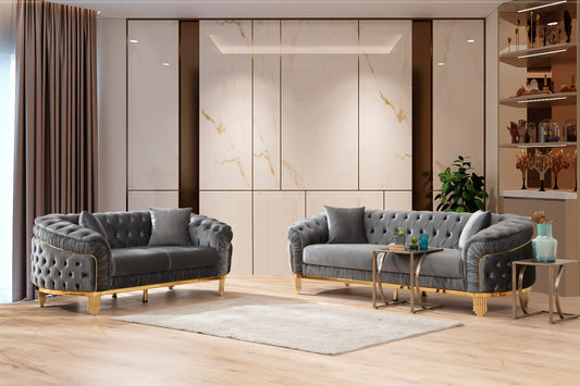 VANESSA 2 PC Livingroom Set in Grey and Gold with Fabric button-tufted velvet upholstery Finish (NJ INVENTORY)