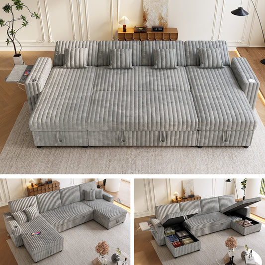 U Shaped Sleeper Sofa, 110.63 inch Overisze - 2 in 1 Pull Out Bed, Sectional Sleeper Sofa with Double Storage Chaise for Living Room, Corduroy Fabric Couch,GRAY