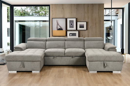 U Shaped Sleeper Sofa, 121 inch Overisze - 2 in 1 Pull Out Bed, Sectional Sleeper Sofa with Double Storage Chaise for Living Room Furniture, Light Gray