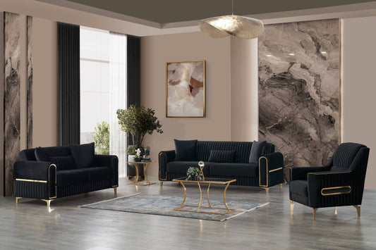 Melody Modern Contemporary Velvet Upholstered 3PC(Sofa + Loveseat + Chair) Sleeper Convertible made with wood and Iron in Black (NJ INVENTORY)