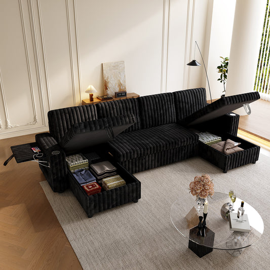 U Shaped Sleeper Sofa, 110.63 inch Overisze - 2 in 1 Pull Out Bed, Sectional Sleeper Sofa with Double Storage Chaise for Living Room, Corduroy Fabric Couch,BLACK