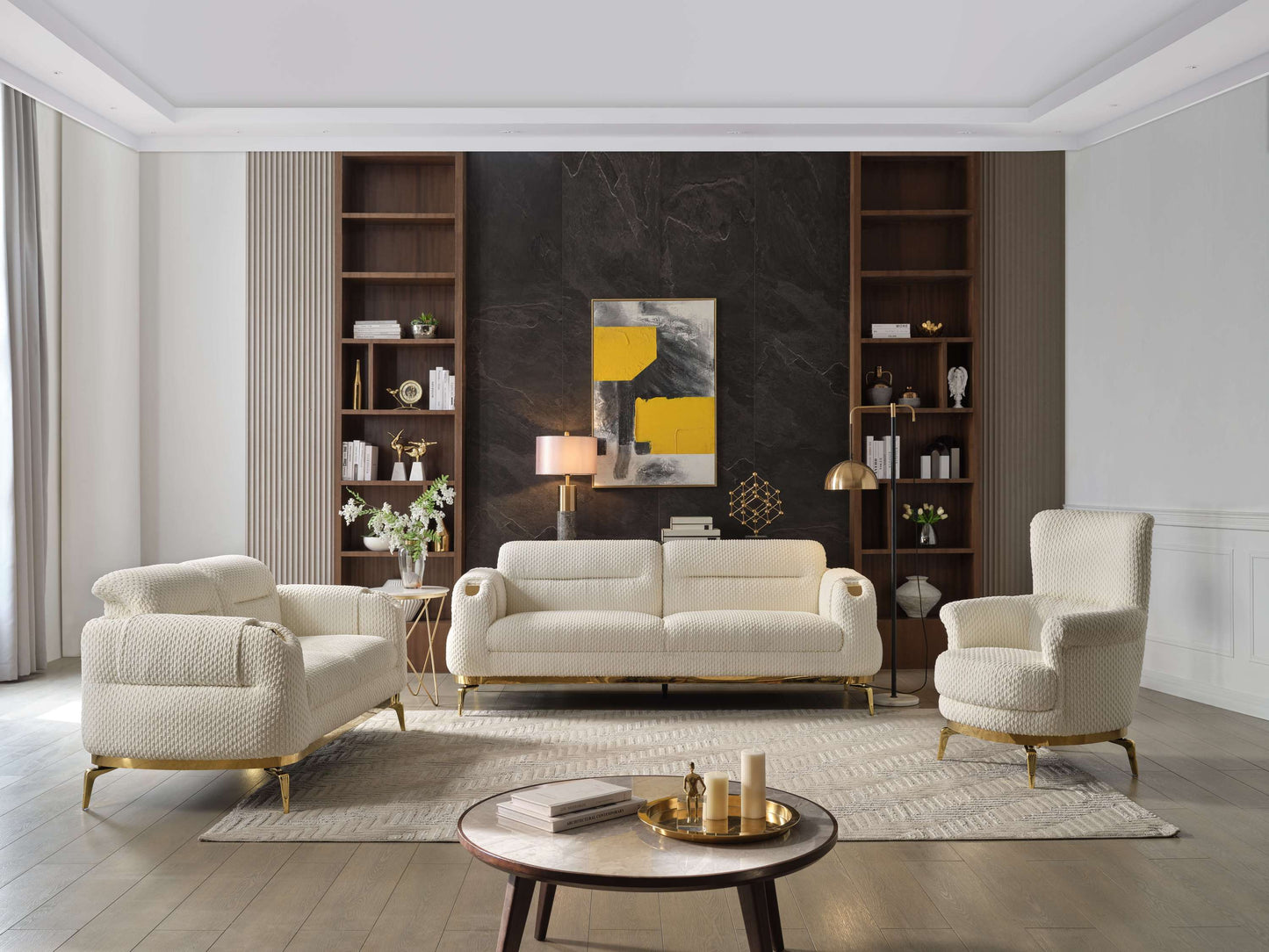 Zoe Modern style 3PC Living room set (Sofa + Loveseat + Chair) made with wood and Gold accents in Cream (CA Warehouse Inventory)