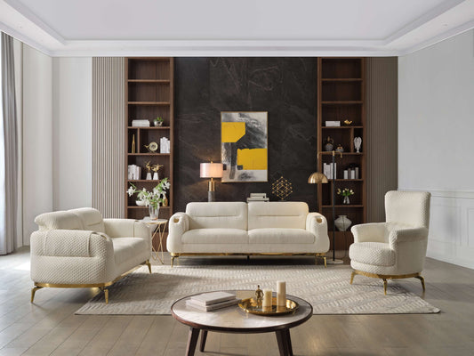 Zoe Modern style 3PC Living room set (Sofa + Loveseat + Chair) made with wood and Gold accents in Cream(NJ Warehouse inventory)