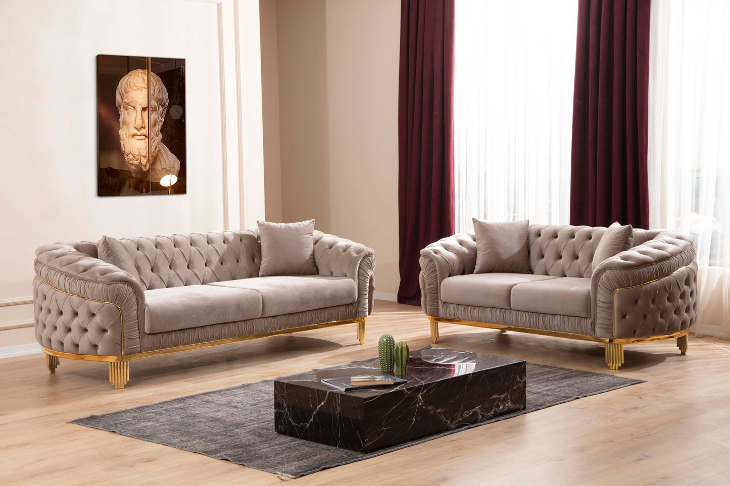 VANESSA Modern Style 2 Piece Livingroom set(includes Sofa + Loveseat) Made of Wood with Button Tufted Surface in Taupe Color (NJ INVENTORY)