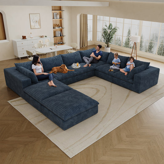 157.6' Cloud Sofa,Corduroy Fabric,Deep Seat Couches,Double-layer design,Removable  Cushion,No Assembly, DIY Combination for Living room, Bedroom,Conference room ,Apartment,BLUE