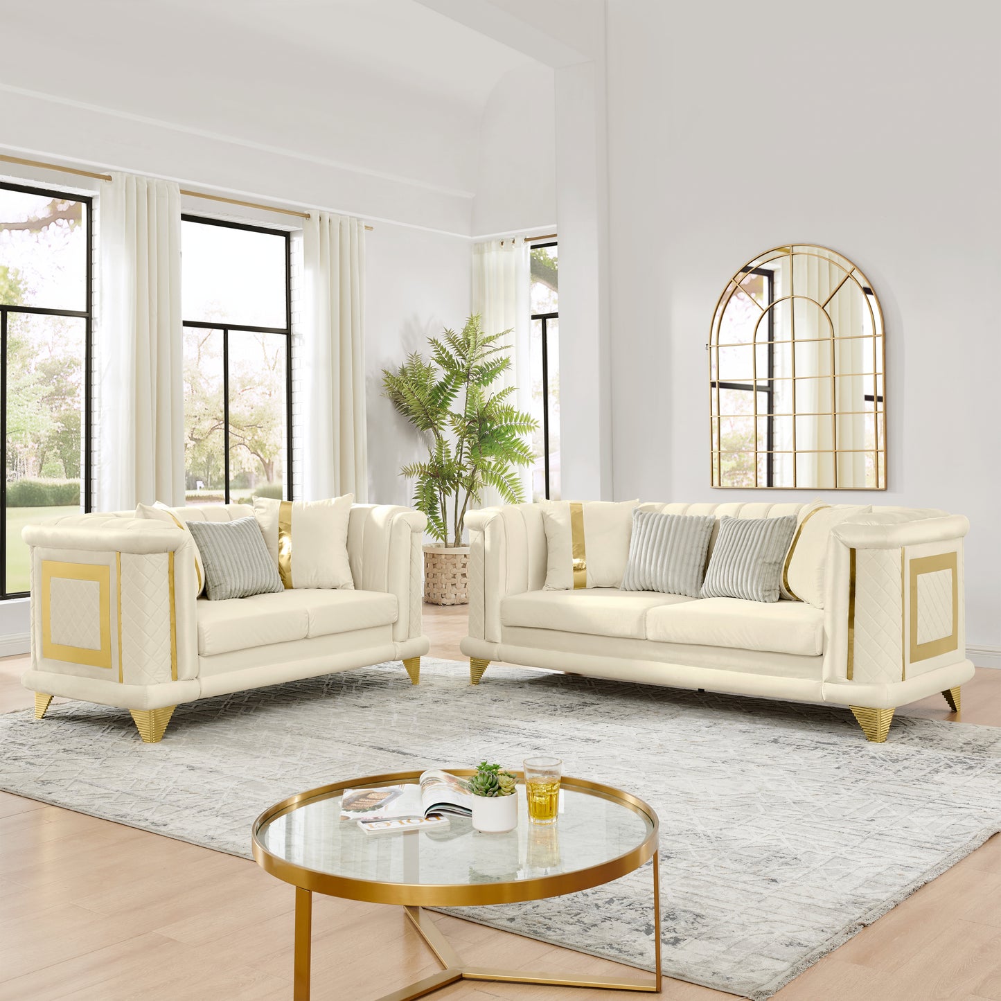 2PCS Velvet Luxury Sofa Set with Gold Stainless Steel Trims and Embroidered Texture, Mid Century Modern Victorian 89 Inches 3 Seater & 69 Inches Loveseat Tufted Couch for Living Room, Beige