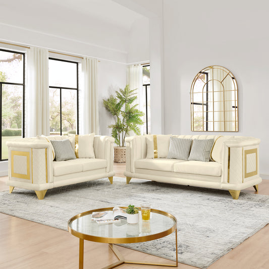 2PCS Velvet Luxury Sofa Set with Gold Stainless Steel Trims and Embroidered Texture, Mid Century Modern Victorian 89 Inches 3 Seater & 69 Inches Loveseat Tufted Couch for Living Room, Beige