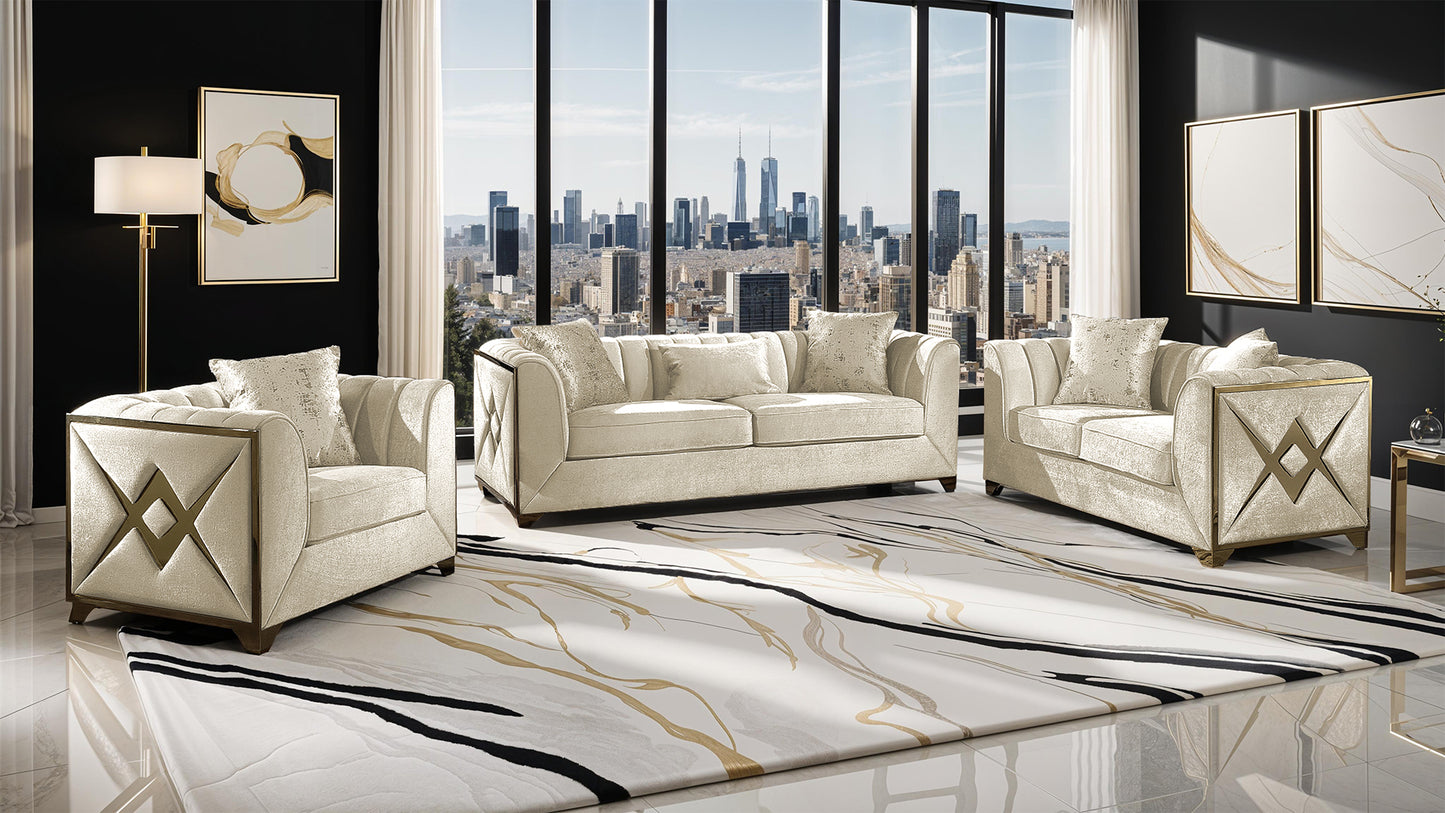 Velencia upholstery, bold gold 'X' inlay accents, and elegant tufting 3Pc Modern Living Room Set  in Cream (NJ INVENTORY)
