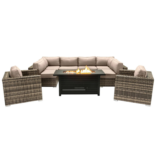 LSI 9-Piece Outdoor Sectional Set with Fire Pit Table and Cushions in Modern Gray Finish